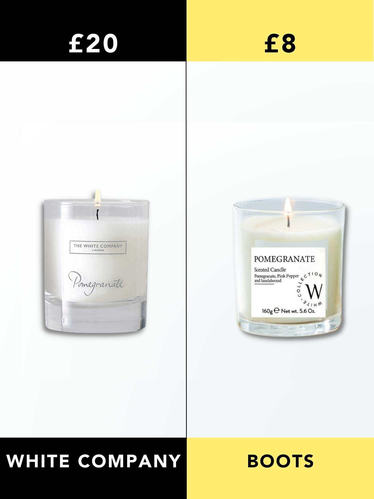 White Company Pomegranate Candle vs Boots Candle – Dupeshop