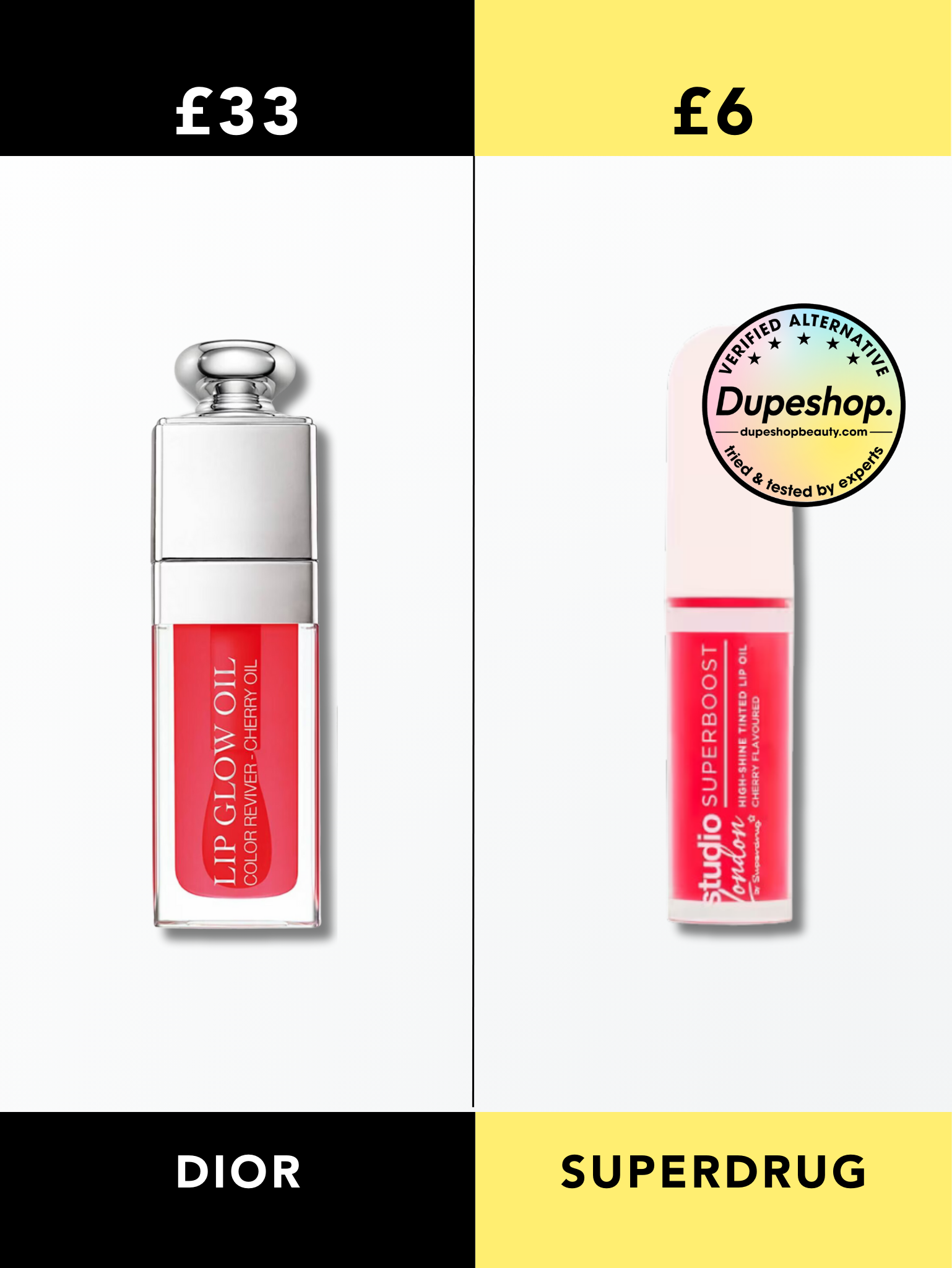 Dior Addict Lip Glow Oil Cherry vs Superdrug Studio London Superboost Tinted Lip Oil Cherry