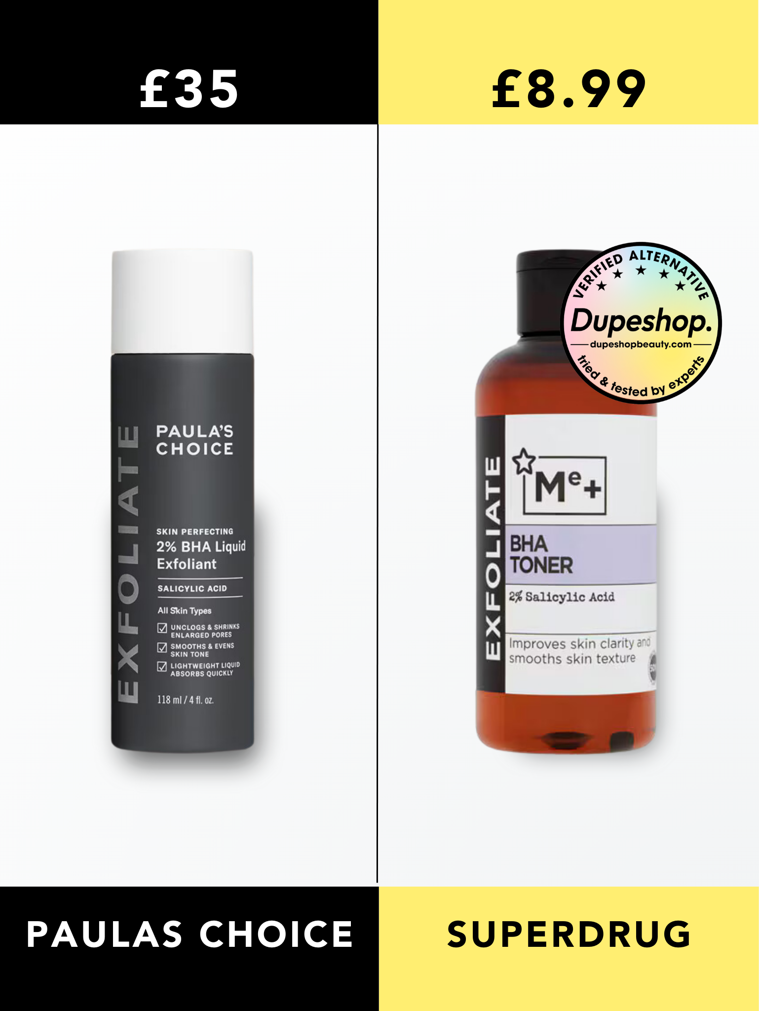 Paulas Choice 2% BHA Exfoliant Toner vs Superdrug Me+ BHA Toner